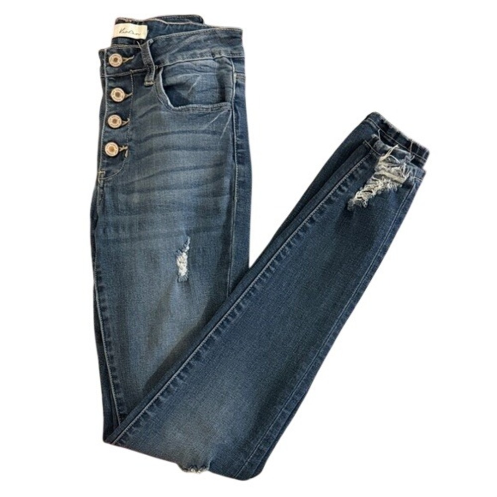 KanCan Women's Skinny Jeans in Distressed Dark Wash Blue